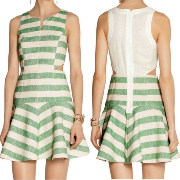 Tibi Green White Ecru Striped Cotton Blend Dress, Size 0 - Picture 2 of 10